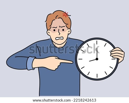 Furious man point at clock stressed with missed deadline. Mad male show with finger on watch distressed with bad time management. Vector illustration. 