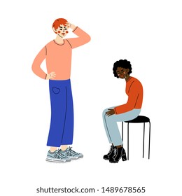 Furious Man Quarreling with African American Girl Who Sitting on Chair and Crying, Disagreement in Relationship, Negative Emotions Vector Illustration