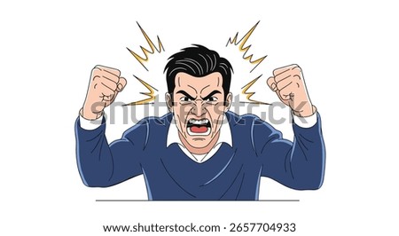 Furious man shouting with anger clenched fists raised in frustration and rage emotion overload illustration