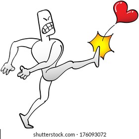 Furious man in a very aggressive attitude, gnashing his teeth and clenching his fists while violently kicking a red heart with his right leg