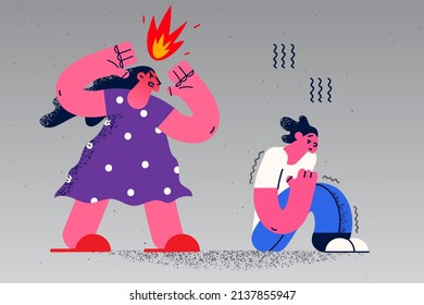 Furious mother scream and yell at scared small son feeling stressed and anxious. Authoritative mad mom shout at little boy child. Domestic violence and psychological abuse. Vector illustration. 