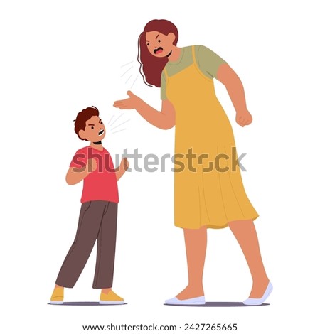 Furious Mother And Son Exchange Heated Shouts, Their Voices Clashing In A Storm Of Emotions, A Turbulent Display Of Frustration And Anger in Characters Relations. Cartoon People Vector Illustration