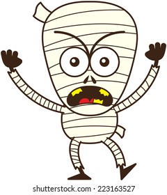 Furious mummy, with bulging eyes and broken yellow teeth, in a very intimidating mood while frowning, yelling and raising his arms in a very threatening attitude