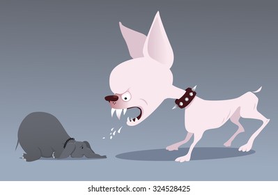 Furious mutt snarling at a submissive elephant as a metaphor for bullying and verbal aggression, EPS 8 vector illustration