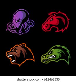 Furious octopus, bear, alligator and horse head sport vector logo concept set isolated on black background. Modern team badge design. Premium quality wild animal t-shirt tee print illustration.
