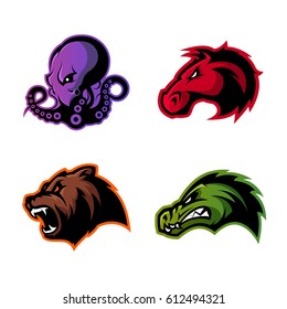 Furious octopus, bear, alligator and horse head sport vector logo concept set isolated on white background. Modern team badge design. Premium quality wild animal t-shirt tee print illustration.
