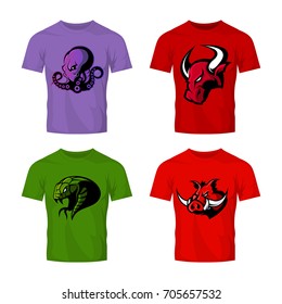 Furious octopus, bull, snake and boar sport vector logo concept set isolated on white. Street wear mascot team badge design. Premium quality wild animal emblem t-shirt tee print illustration.