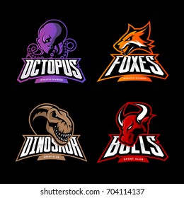Furious octopus, fox, dinosaur and bull sport vector logo concept set isolated on black. Street wear mascot team badge design. Premium quality wild animal emblem t-shirt tee print illustration.
