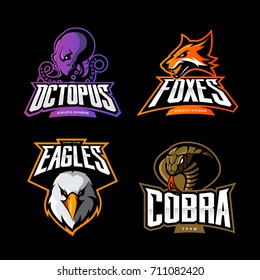 Furious octopus, fox, eagle and cobra sport vector logo concept set isolated on black. Street wear mascot team badge design. Premium quality wild animal emblem t-shirt tee print illustration.