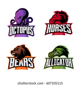 Furious octopus, horse, bear and alligator sport vector logo concept set isolated on white background. Modern team badge design. Premium quality wild animal and reptile t-shirt tee print illustration.