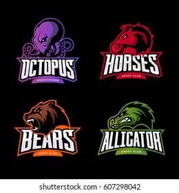 Furious octopus, horse, bear and alligator sport vector logo concept set isolated on black background. Modern team badge design. Premium quality wild animal t-shirt tee print illustration.
