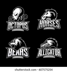 Furious octopus, horse, bear and alligator sport vector logo concept set isolated on black background. Modern team badge design. Premium quality wild animal and reptile t-shirt tee print illustration.