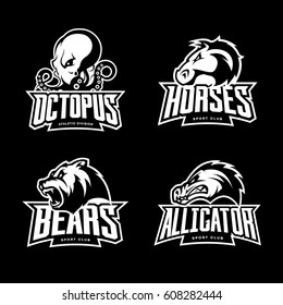 Furious octopus, horse, bear and alligator sport mono vector logo concept set isolated on dark background. Modern team badge design. Premium quality wild animal t-shirt tee print illustration.