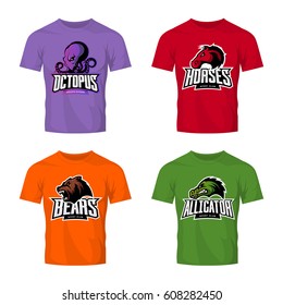 Furious octopus, horse, bear and alligator sport vector logo concept set isolated on color t-shirt mockup. Modern team badge design. Premium quality wild animal t-shirt tee print illustration.