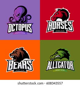 Furious octopus, horse, bear and alligator sport vector logo concept set isolated on color background. Modern team badge design. Premium quality wild animal and reptile t-shirt tee print illustration.