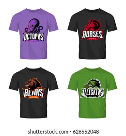 Furious octopus, horse, bear and alligator sport vector logo concept set isolated on t-shirt mockup. Modern team badge mascot design. Premium quality wild animal t-shirt tee print illustration.