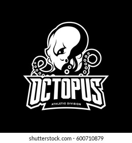 Furious octopus mono sport vector logo concept isolated on dark background. Modern professional team badge design. Premium quality wild cephalopod mollusk t-shirt tee print illustration.