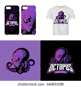 Furious octopus sport club isolated vector logo concept. Modern professional team badge mascot design. Premium quality wild animal t-shirt tee print illustration. Smart phone case accessory emblem.