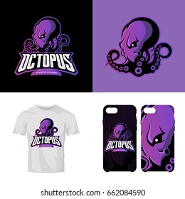 Furious octopus sport club isolated vector logo concept. Modern professional team badge mascot design. Premium quality wild animal t-shirt tee print illustration. Smart phone case accessory emblem.