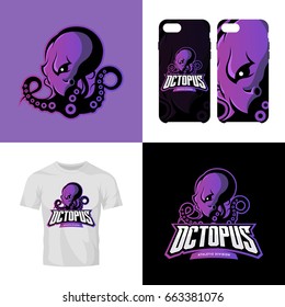 Furious octopus sport club isolated vector logo concept. Modern professional team badge mascot design. Premium quality wild animal t-shirt tee print illustration. Smart phone case accessory emblem.