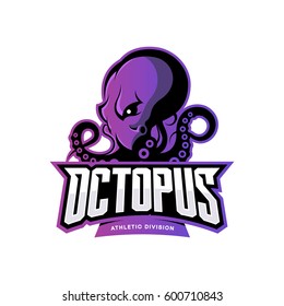 Furious octopus sport vector logo concept isolated on white background. Modern professional team badge design. Premium quality wild cephalopod mollusk t-shirt tee print illustration.