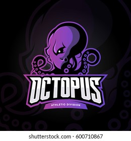 Furious octopus sport vector logo concept isolated on dark background. Modern professional team badge design. Premium quality wild cephalopod mollusk t-shirt tee print illustration.