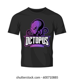Furious octopus sport vector logo concept isolated on black t-shirt mockup. Modern professional team badge design. Premium quality wild cephalopod mollusk t-shirt tee print illustration.