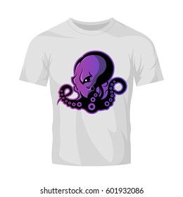 Furious octopus sport vector logo concept isolated on white t-shirt mockup. Modern professional team badge design. Premium quality wild cephalopod mollusk t-shirt tee print illustration.