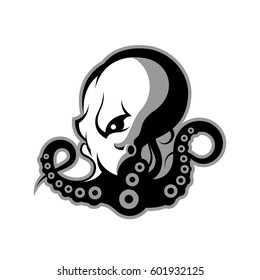 Furious octopus sport vector logo concept isolated on white background. Modern professional team badge design. Premium quality wild cephalopod mollusk t-shirt tee print illustration.