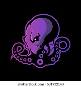 Furious octopus sport vector logo concept isolated on dark background. Modern professional team badge design. Premium quality wild cephalopod mollusk t-shirt tee print illustration.