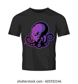 Furious octopus sport vector logo concept isolated on black t-shirt mockup. Modern professional team badge design. Premium quality wild cephalopod mollusk t-shirt tee print illustration.