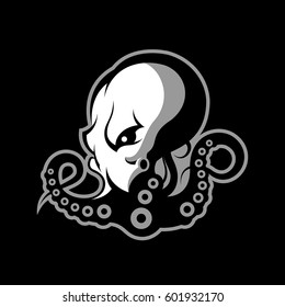 Furious octopus sport vector logo concept isolated on dark background. Modern professional team badge design. Premium quality wild cephalopod mollusk t-shirt tee print illustration.