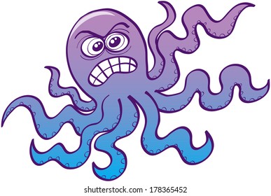 Furious octopus while showing how angry it is by clenching his teeth and agitating its eight tentacles