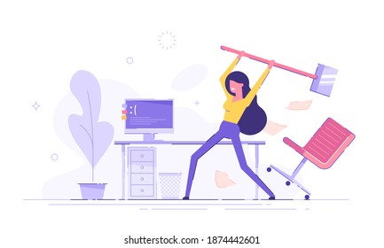 Furious office worker is destroying her own personal computer by hammer. Hard work. Angry businessman cartoon character. Modern vector illustration. 