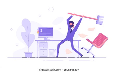 Furious office worker is destroying his own personal computer by hammer. Hard work. Angry businessman cartoon character. Modern vector illustration. 