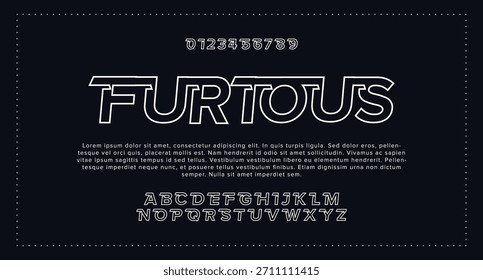 Furious Outline Design Fonte abstrata moderna do alfabeto digital. Tipografia de tecnologia mínima, fonte futurista da moda do esporte urbano criativo e com números. ilustração vetorial.