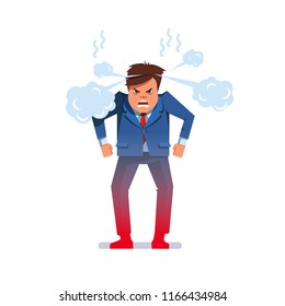 Furious outraged chief executive business man frowning, screaming, grinning and pumping fists while standing. Angry mad boss with steaming smoke from his head. Flat vector character illustration