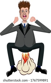 Furious outraged vector cartoon business man huge exploding and farting with fire from his ass. Rage outstanding situation concept