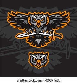 Furious owl head mono sport vector logo concept isolated on black background. Modern angry predator professional team badge design. Premium quality wild bird t-shirt tee print illustration.