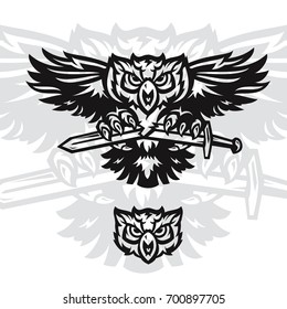 Furious owl head mono sport vector logo concept isolated on black background. Modern angry predator professional team badge design. Premium quality wild bird t-shirt tee print illustration.