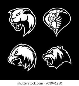 Furious panther, cobra, eagle and bear sport vector logo concept set isolated on black. Street wear mascot team badge design. Premium quality wild animal emblem t-shirt tee print illustration.
