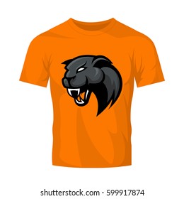 Furious panther head sport vector logo concept isolated on orange t-shirt mockup. Modern professional team badge design. Premium quality wild animal t-shirt tee print illustration.