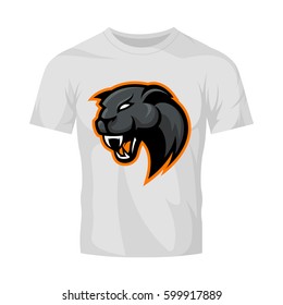 Furious panther head sport vector logo concept isolated on white t-shirt mockup. Modern professional team badge design. Premium quality wild animal t-shirt tee print illustration.