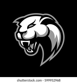 Furious panther head sport vector logo concept isolated on dark background. Modern professional team badge design. Premium quality wild animal t-shirt tee print illustration.