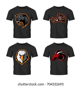 Furious panther, mammoth, eagle and ram sport vector logo concept set isolated on white. Street wear mascot team badge design. Premium quality wild animal emblem t-shirt tee print illustration.