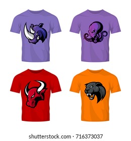 Furious panther, rhino, octopus, bull vector logo concept on color t-shirt mockup. Street wear mascot sport team badge design set. Premium quality wild animal emblem tee print illustration.