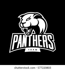 Furious panther sport mono vector logo concept isolated on dark background. Web infographic professional team pictogram. Premium quality wild animal t-shirt tee print illustration.