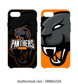 Furious panther sport vector logo concept phone case isolated on white background. Web infographic team pictogram design. Premium quality wild animal artwork illustration.
