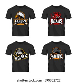 Furious panther, wolf, eagle and boar sport vector logo concept set isolated on black t-shirt mockup. Modern team pictogram design. Premium quality wild animal head t-shirt tee print illustration.