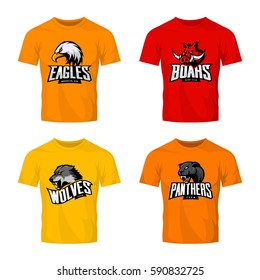 Furious panther, wolf, eagle and boar sport vector logo concept set isolated on color t-shirt mockup. Modern team pictogram design. Premium quality wild animal head t-shirt tee print illustration.